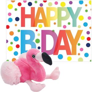 Wild Republic - Knuffel Flamingo 18 cm met Happy Birthday Wenskaart