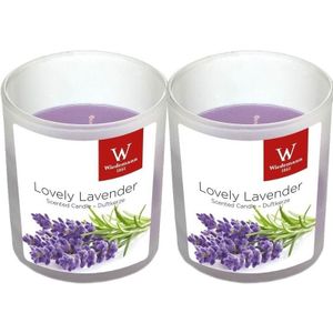 2x Geurkaarsen lavendel in glazen houder 25 branduren - Geurkaarsen lavendel geur - Woondecoraties