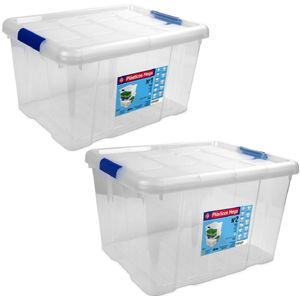 2x Opbergboxen/opbergdozen met deksel 16 en 25 liter kunststof transparant/blauw