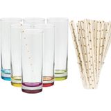 Set van 6x longdrinkglazen en 100x duurzame rietjes papier - 310 ml