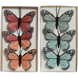 6x stuks decoratie vlinders op draad - blauw - rood - 6 cm
