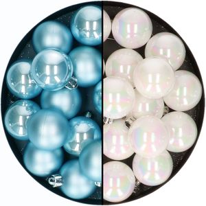 Kleine kerstballen 32x stuks - mix parelmoer wit en ijsblauw - 4 cm - kunststof