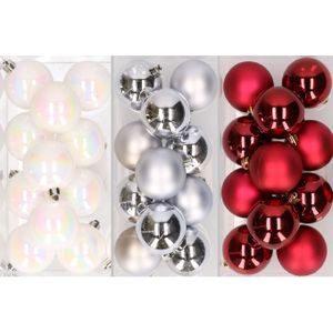 36x stuks kunststof kerstballen mix van parelmoer wit, zilver en kerstrood 6 cm