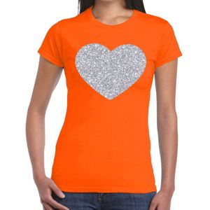 Zilveren hart glitter t-shirt oranje dames