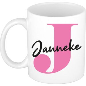 Naam mok Janneke - roze - wit - keramiek - 300 ml - verjaardag/cadeau beker