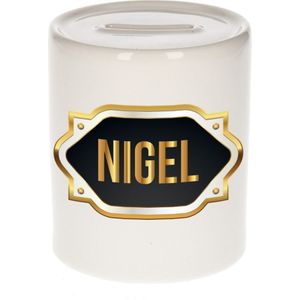 Naam cadeau spaarpot Nigel met gouden embleem