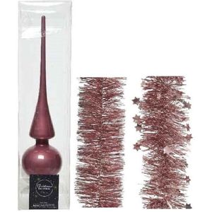 Kerstversiering glazen piek glans 26 cm en folieslingers pakket oud roze van 3x stuks