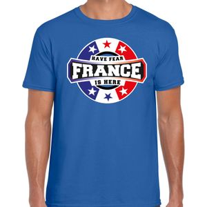 Have fear France is here t-shirt voor Frankrijk supporters blauw voor heren