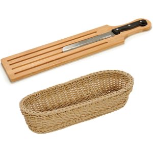 Bamboe houten broodplank/snijplank/serveerplank met broodmes 50 x 10 cm en broodmandje van 41 cm