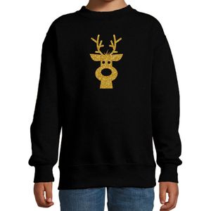 Rendier hoofd Kerstsweater / Kersttrui zwart voor kinderen met gouden glitter bedrukking