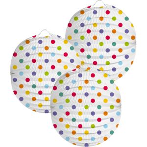 Lampion stippen - 3x - 22 cm - wit/regenboog kleuren - papier