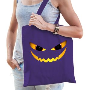 Halloween tas/shopper - paars - katoen - 42 x 38 cm - duivel gezicht