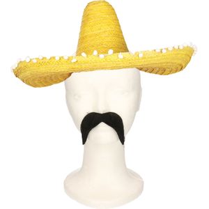 Carnaval verkleed set Gringo - Mexicaanse sombrero hoed - geel - met Western thema plaksnor