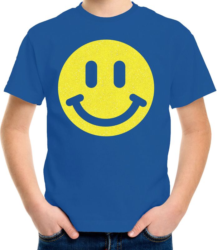 Verkleed T-shirt voor jongens - Smile Emoticon - blauw - carnaval - feestkleding voor kinderen