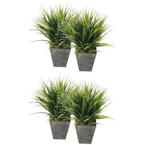 4x Grasplant in zwarte zinken pot 30 cm - Kamerplant kunstplanten/nepplanten