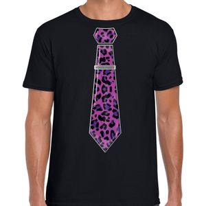 Verkleed T-shirt voor heren - panterprint stropdas - zwart - foute party - carnaval/themafeest