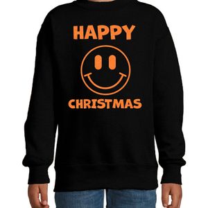 Kersttrui/sweater voor jongens/meisjes - Happy Christmas - zwart - smiley - glitter oranje