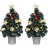 2x stuks fiber optic kerstbomen/kunst kerstbomen met verlichting en kerstballen 60 cm