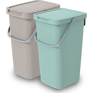 GFT/rest afvalbakken set - 2x - 25L - beige/groen - 26 x 29 x 48 cm - afval scheiden