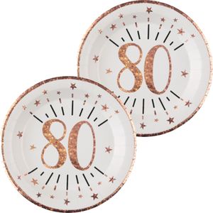 Verjaardag feest bordjes leeftijd - 20x - 80 jaar - rose goud - karton - 22 cm - rond