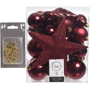 33x stuks kunststof kerstballen 5, 6 en 8 cm donkerrood inclusief ster piek en kerstbalhaakjes