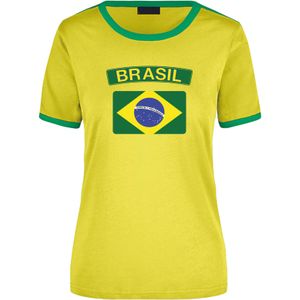Brasil geel / groen ringer t-shirt Brazilie met vlag voor dames