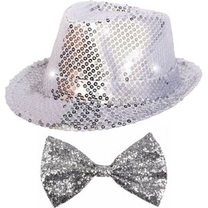 Carnaval verkleed set hoed met strikje zilver glitters