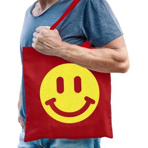 Cadeau tas voor heren - glitter smiley - rood - katoen - 42 x 38 cm - Vaderdag - verjaardag