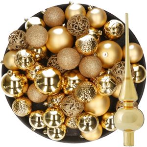 Kerstversiering kunststof kerstballen met piek goud 6-8-10 cm pakket van 37x stuks