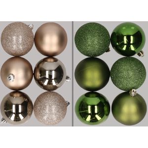 12x stuks kunststof kerstballen mix van champagne en appelgroen 8 cm