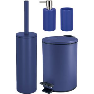 Badkamer accessoires set - WC-borstel/pedaalemmer/zeeppompje/beker - metaal/keramiek - donkerblauw