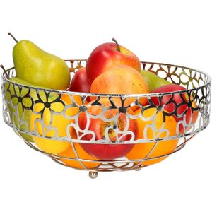 Metalen fruitschaal rond zilver met bloemenpatroon 28 x 28 cm - Schalen/manden voor groente en fruit