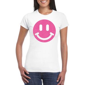 Verkleed T-shirt voor dames - smiley - wit - carnaval/foute party - feestkleding