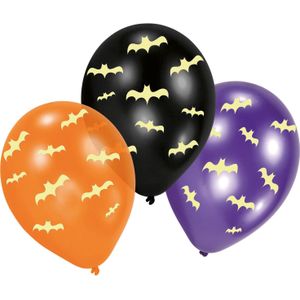 Set van 6x stuks Halloween Glow in the dark ballonnen met vleermuis print 30 cm