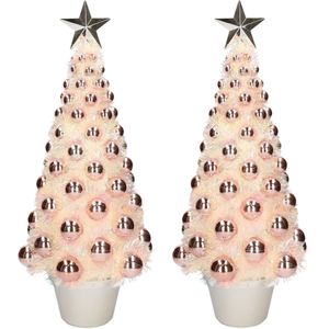 2x stuks complete mini kunst kerstbomen / kunstbomen zalmroze met lichtjes 50 cm