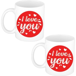 Set van 2x stuks I love you cadeau mokken / bekers wit cirkel met hartjes 300 ml