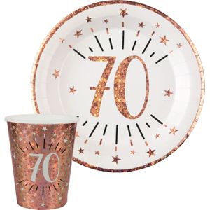 Verjaardag feest bekertjes en bordjes leeftijd - 20x - 70 jaar - rose goud - karton