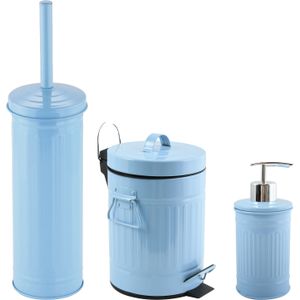 Toiletborstel in houder/zeeppompje/pedaalemmer set Industrial - metaal - lichtblauw