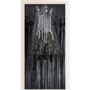 Horror decoratie pakket hangende skelet geest pop met zwart deurgordijn