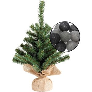 Mini kunst kerstboom groen met verlichting bollen mix zwart/grijs - H45 cm