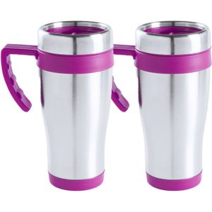 Warmhoudbeker/thermos isoleer koffiebeker/mok - 2x - RVS - zilver/roze - 450 ml - Reisbeker