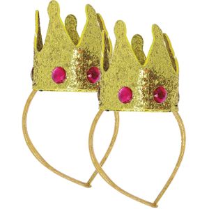 Carnaval verkleed mini hoedje/kroontje - 2x - goud - diadeem - dames/grote meiden