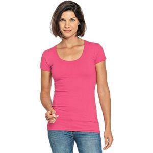 Bodyfit dames t-shirt fuchsia roze met ronde hals