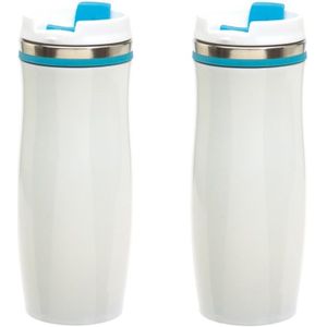 Set van 2x stuks rVS Warmhoudbeker/isoleerbeker winter wit met turquoise 400 ml