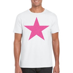 Verkleed T-shirt voor heren - ster - wit - roze glitter - carnaval/themafeest