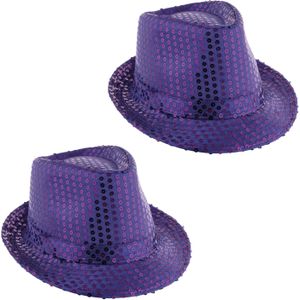 Carnaval verkleed Trilby hoedje met glitter pailletten - 2x - paars - polyester - heren/dames