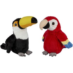 Ravensden - Tropische vogels knuffels - 2x stuks - Rode Papegaai en Toekan - 15 cm