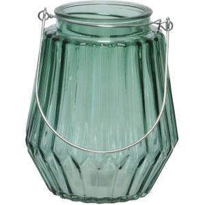 Decoris Waxinelichthouder - Streepjes Glas - Zeegroen - Metalen Handvat - 11 X 13 cm