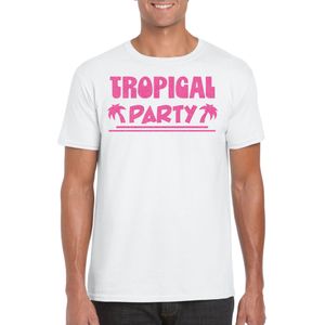 Tropical party T-shirt voor heren - met glitters - wit/roze - carnaval/themafeest