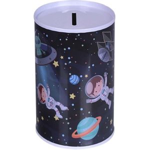 Spaarpot - metaal - D12 x H16 cm - ruimte/astronauten thema
